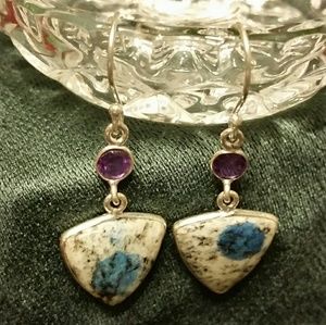 .925 Silver K2 Triangle & Amethyst Hook Earrings